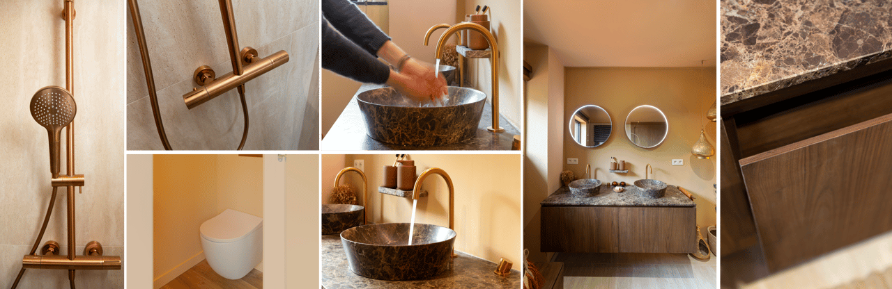 Das x²o badkamers Design aus Huis Gemaakt Lummen mit warmen Farben, Naturstein und goldfarbenen Akzenten.